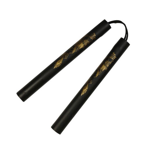 Nunchaku mousse, 30 cm, noir lisse avec dragon - Corde