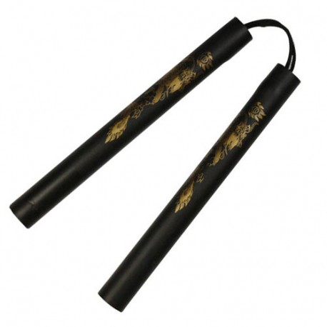 Nunchaku mousse, 30 cm, noir lisse avec dragon - Corde