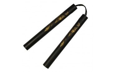 Nunchaku mousse, 30 cm, noir lisse avec dragon - Corde