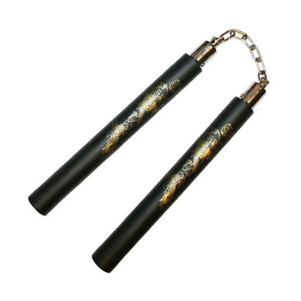 Nunchaku mousse, 30 cm, noir lisse avec dragon - Chaîne à rotule