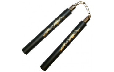 Nunchaku mousse, 30 cm, noir lisse avec dragon - Chaîne à rotule