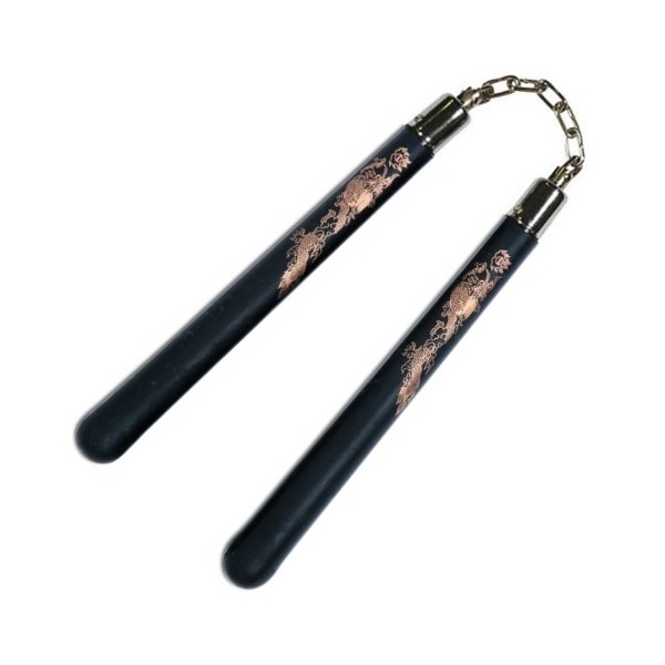 Nunchaku mousse dure, 30 cm, noir lisse avec dragon - Chaîne à rotule