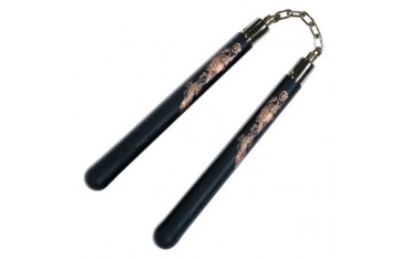 Nunchaku mousse dure, 30 cm, noir lisse avec dragon - Chaîne à rotule