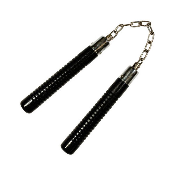 Nunchaku rond, poig. striées, 20 cm, noir - Chaîne à rotule