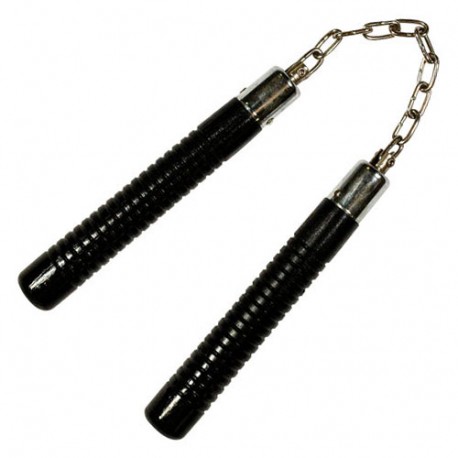 Nunchaku rond, poig. striées, 20 cm, noir - Chaîne à rotule