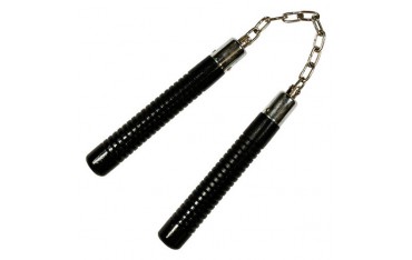 Nunchaku rond, poig. striées, 20 cm, noir - Chaîne à rotule