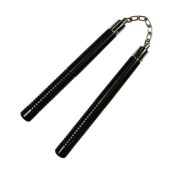 Nunchaku rond, poig. striées, 30 cm, noir - Chaîne à rotule