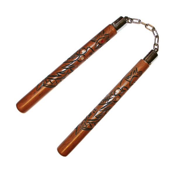 Nunchaku rond 30cm, dragon gravé, chêne rouge verni - Chaîne à rotule