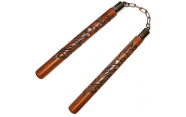 Nunchaku rond 30cm, dragon gravé, chêne rouge verni - Chaîne à rotule