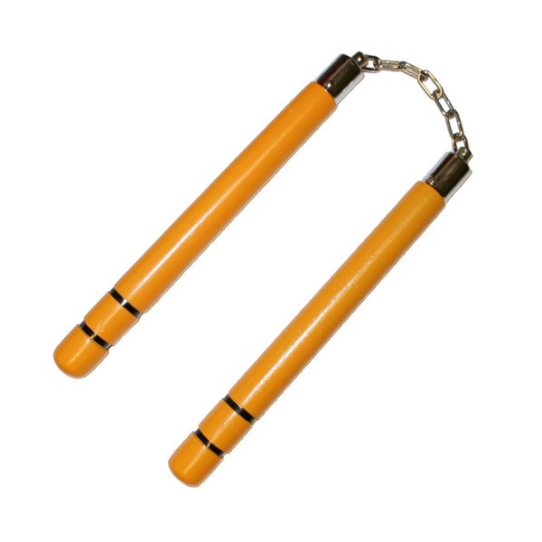 Nunchaku rond, 30 cm, jaune avec 2 anneaux noirs - Chaîne à rotule