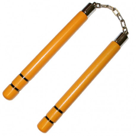 Nunchaku rond, 30 cm, jaune avec 2 anneaux noirs - Chaîne à rotule