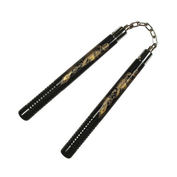 Nunchaku rond.poig.striées, 30 cm, noir avec dragon - Chaîne à rotule