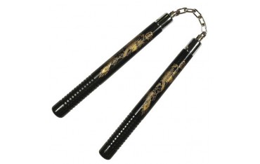 Nunchaku rond, poignées striées, 30 cm, noir avec dragon - Chaîne à rotule