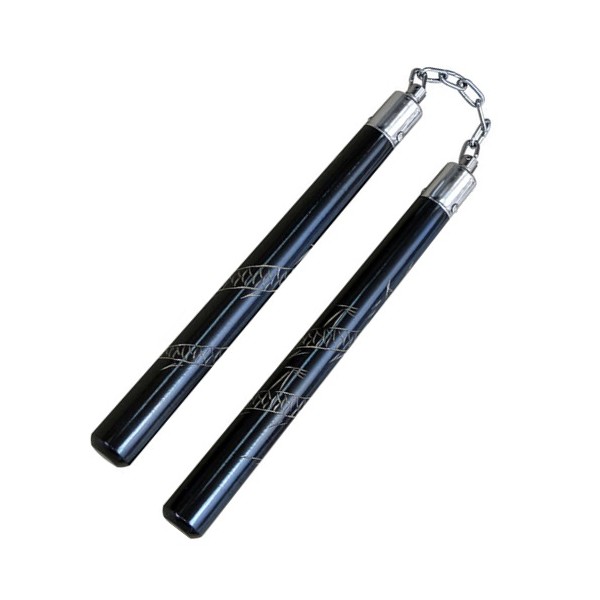 Nunchaku rond 30cm, dragon gravé, chêne noir verni - Chaîne à rotule