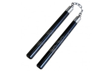 Nunchaku rond 30cm, dragon gravé, chêne noir verni - Chaîne à rotule