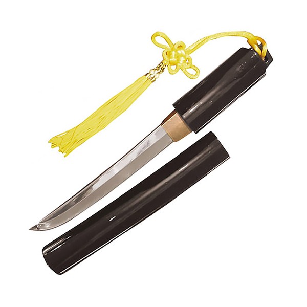 Tanto tranchant, lame acier de 21cm, fourr. noir laqué - Pompon jaune