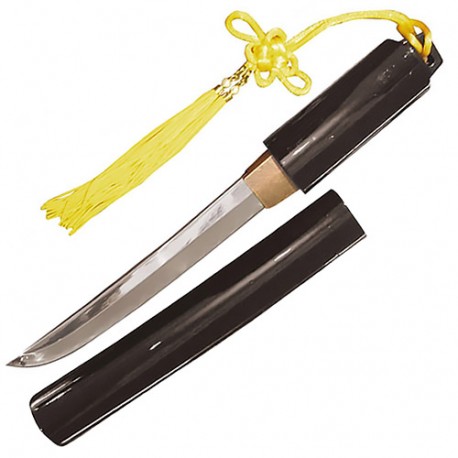 Tanto tranchant, lame acier de 21cm, fourr. noir laqué - Pompon jaune