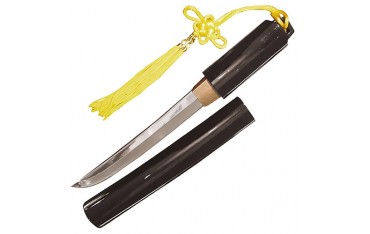 Tanto tranchant, lame acier de 21cm, fourr. noir laqué - Pompon jaune