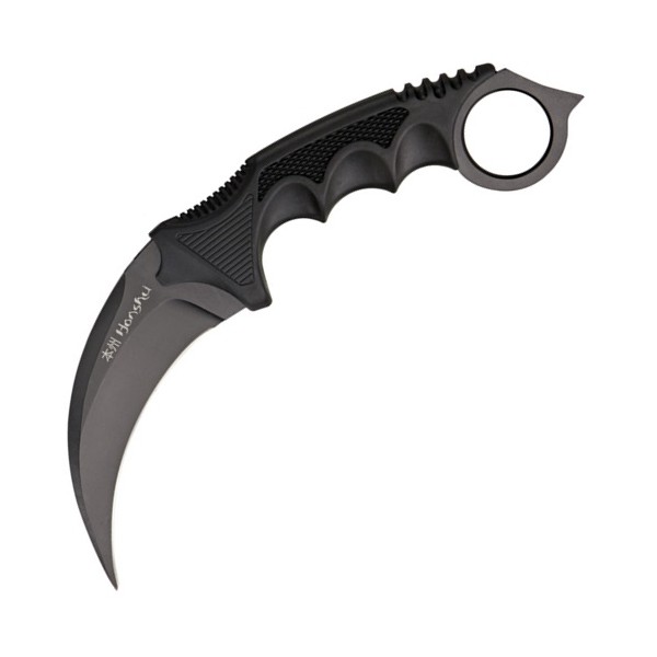 Karambit tranchant, acier noir, manche GRIP noir, lame 11cm +baudrier