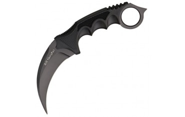 Karambit tranchant, acier noir, manche GRIP noir, lame 11cm +baudrier