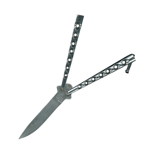 Couteau papillon "Balisong" (ronds, 13 cm fermé, lame 10 cm) - Chromé