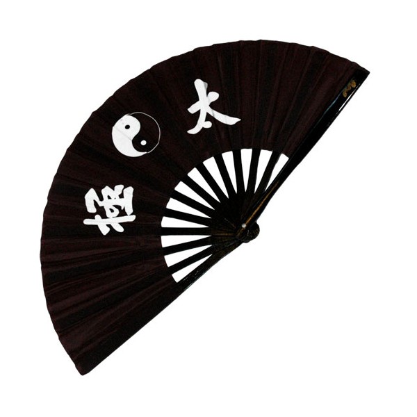 Eventail lamelles bambou, imprimé Yin Yang & Calligraphies - NOIR