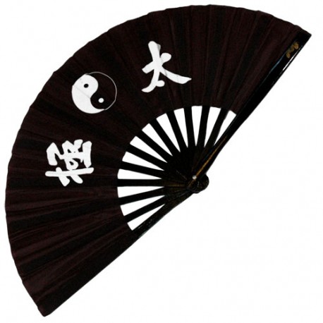 Eventail lamelles bambou, imprimé Yin Yang & Calligraphies - NOIR