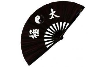 Eventail lamelles bambou, imprimé Yin Yang & Calligraphies - NOIR