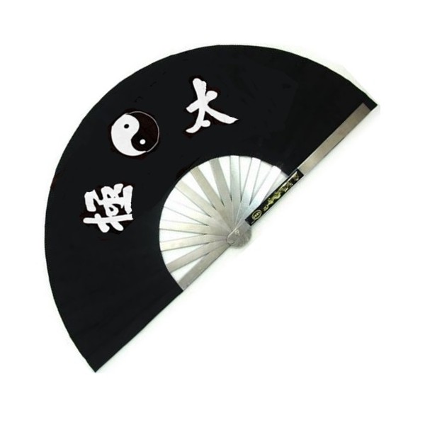 Eventail de combat en métal, imprimé Yin Yang & Calligraphies - NOIR