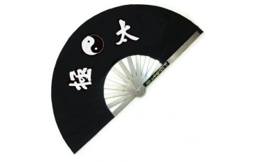 Eventail de combat en métal, imprimé Yin Yang & Calligraphies - NOIR