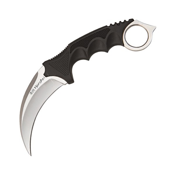 Karambit tranchant, acier, manche GRIP noir, lame 11 cm + étui cuir