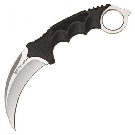 Karambit tranchant, acier, manche GRIP noir, lame 11 cm + étui cuir