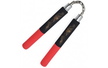 Nunchaku mousse, 30cm, noir poignées rouges, dragon - Chaîne à rotule