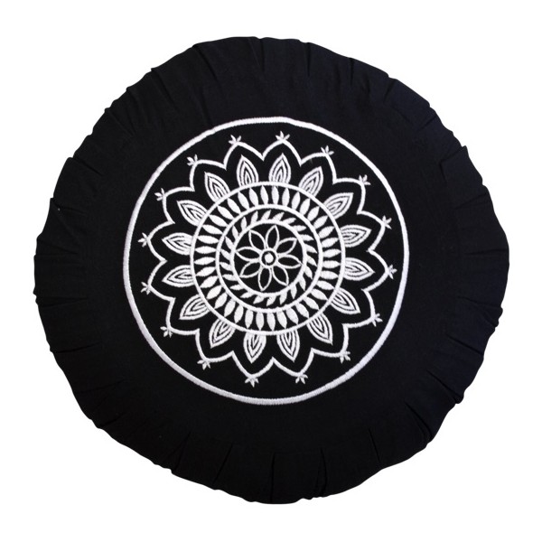 Zafu Mandala Blanche, coussin médit., coton & kapok, 35x18cm - Noir