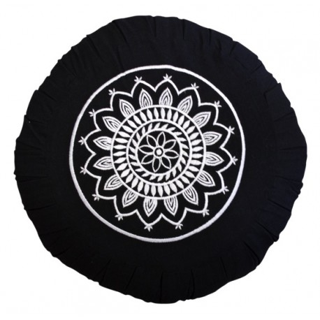 Zafu Mandala Blanche, coussin médit., coton & kapok, 35x18cm - Noir