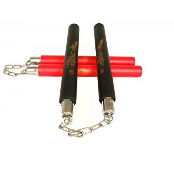 Nunchaku mousse, 30 cm, noir ou rouge lisse avec dragon - Chaîne à rotule