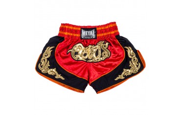 Short METAL BOXE de Boxe Thaï "LUMPINI" satiné,  ROUGE, NOIR et OR