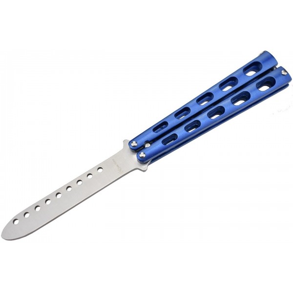 Couteau papillon SANS TRANCHANT pour l'entraînement (13 cm fermé, lame 10 cm) - Bleu