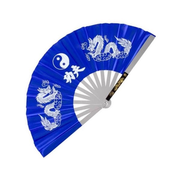 Eventail de combat en métal, imprimé Yin Yang & Calligraphies - BLEU