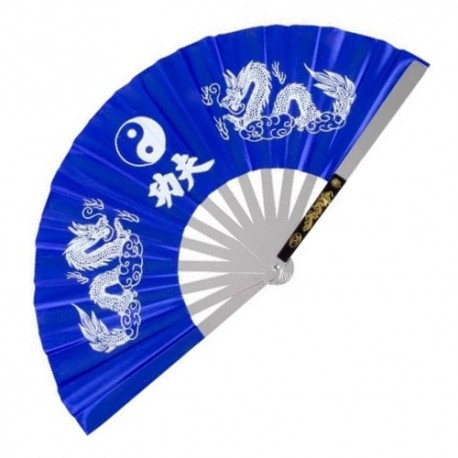 Eventail de combat en métal, imprimé Yin Yang & Calligraphies - BLEU