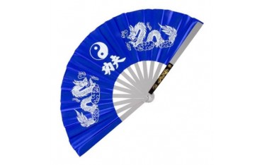 Eventail de combat en métal, imprimé Yin Yang & Calligraphies - BLEU