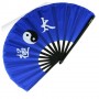 Eventail lamelles bambou, imprimé Yin Yang & Calligraphies - BLEU