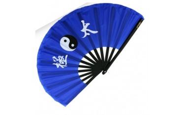Eventail lamelles bambou, imprimé Yin Yang & Calligraphies - BLEU