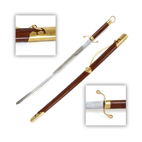 Sabre Tai-Ji Yang, acier forgé 81 cm rigide, fourreau bois exotique + étui