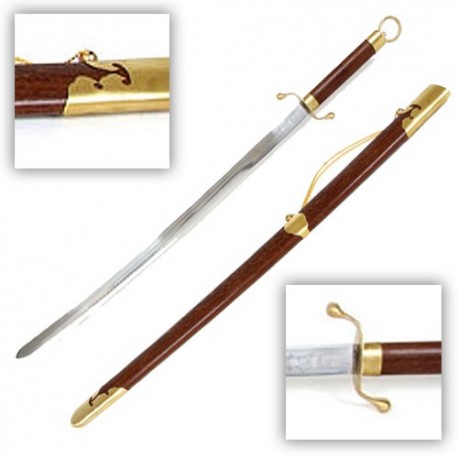 Sabre Tai-Ji Yang, acier forgé 81 cm rigide, fourreau bois exotique + étui
